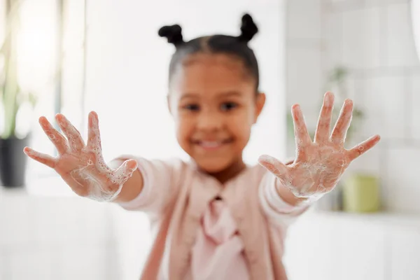 One Mixed Race Adorable Little Girl Washing Her Hands Bathroom — Stockfoto