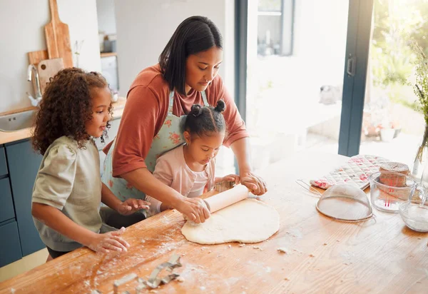 Females Only Happy Mixed Race Family Three Cooking Messy Kitchen — ストック写真