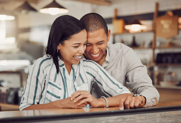 Loving Mixed Race Couple Laughing Enjoying Time Together First Date — Stockfoto
