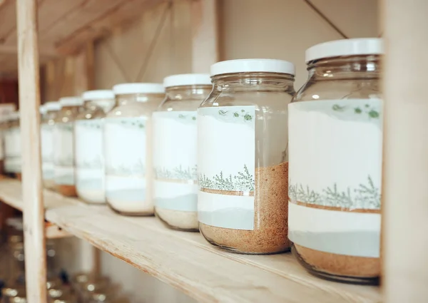 Glass Jars Spices Lined Row Display Shelf Grocery Store Fresh — Fotografia de Stock