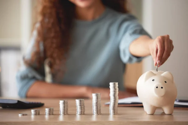 Young African American Woman Money Putting Coins Piggybank Home Mixed — Fotografia de Stock
