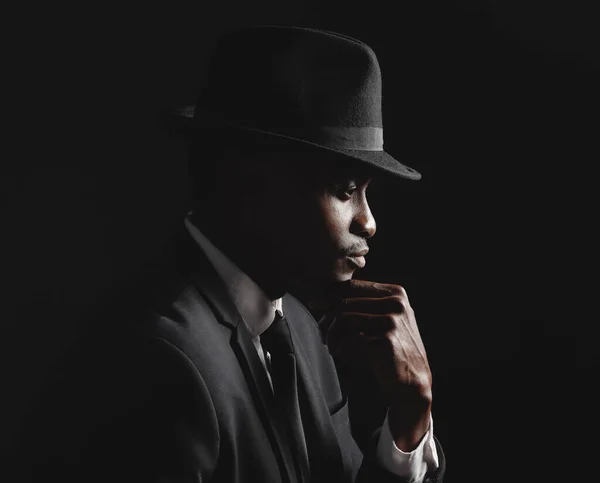 African American Man Posing Black Background Wearing Suit Hat Looking — 스톡 사진
