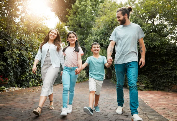 Happy Young Caucasian Family Four Holding Hands Going Walk Neighbourhood — ストック写真