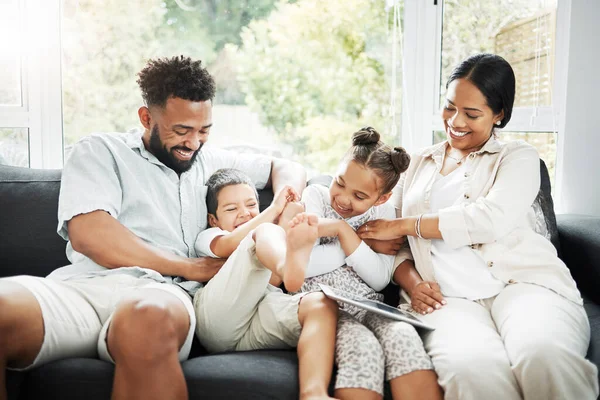 Young Hispanic Family Happily Bonding Together Sofa Home Mixed Race — Fotografia de Stock