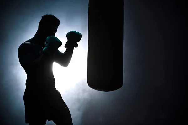 Silhouette Unrecognizable Boxer Man Sparring Punching Bag Dark Gym Male — Stock Photo, Image