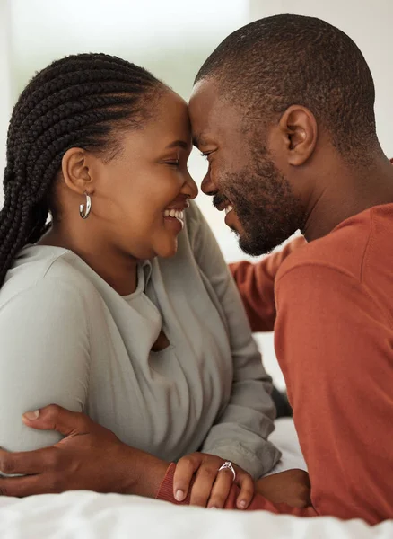 Close Loving African American Couple Touching Foreheads While Lying Together — Stockfoto