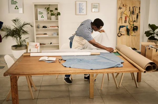 African American Designer Looking Fabric Young Fashion Designer Checking Roll — 스톡 사진