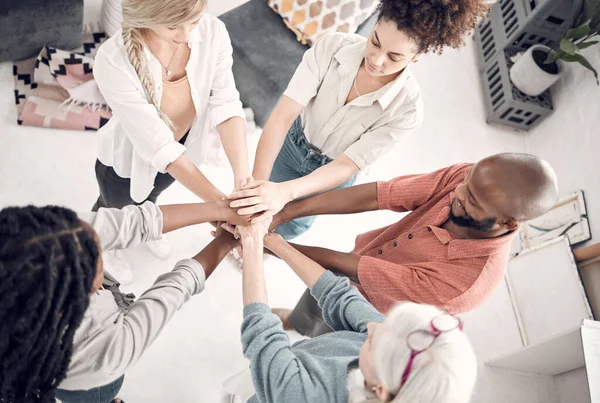 Group Five Diverse Businesspeople Piling Hands Together Office Work Business — Fotografia de Stock