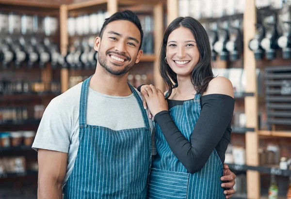 Portrait Happy Young Hispanic Man Woman Working Store Cafe Friendly — Photo