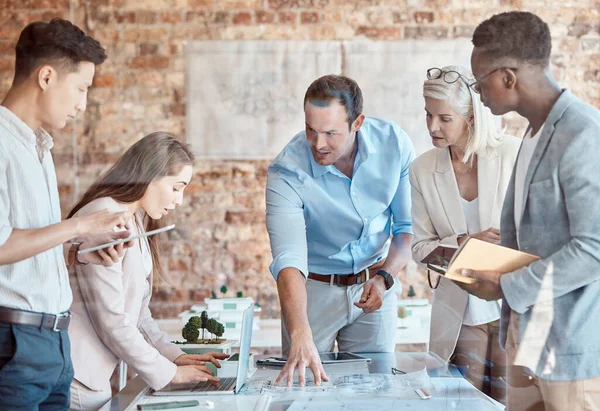 Group Diverse Architects Discussing Plans Blueprints Schematics Meeting Office Boardroom — Foto Stock