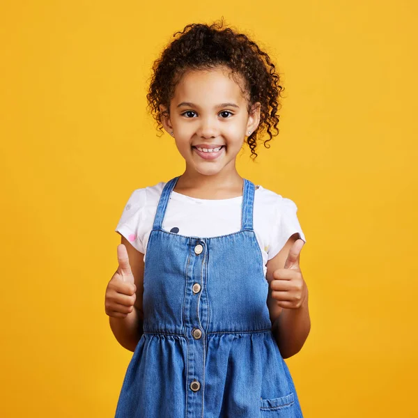Studio Portrait Mixed Race Girl Giving Thumbs Isolated Yellow Background — 스톡 사진