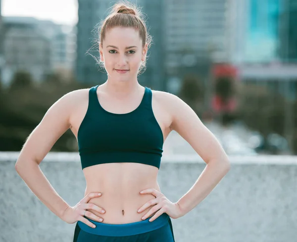 Fitness, woman and portrait smile stretching arms for exercise