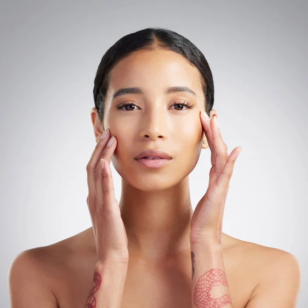 Portrait Beautiful Mixed Race Woman Touching Smooth Soft Skin Studio — Stock Photo, Image