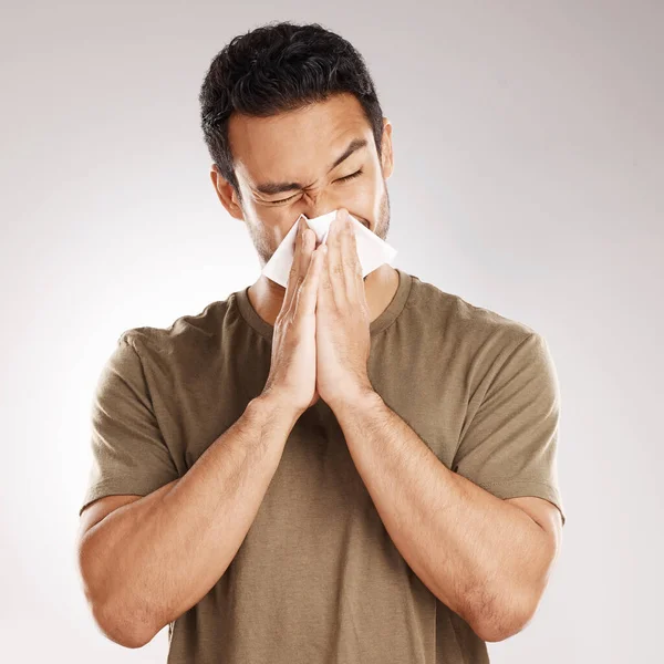 Handsome Young Mixed Race Man Blowing His Nose While Standing — Stock Photo, Image