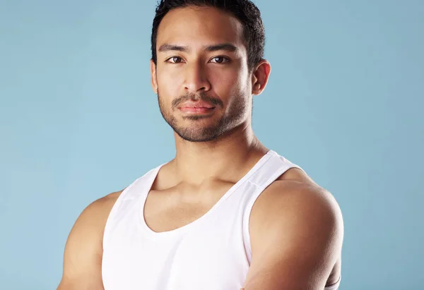Handsome Young Hispanic Man Posing Studio Isolated Blue Background Mixed — Foto Stock