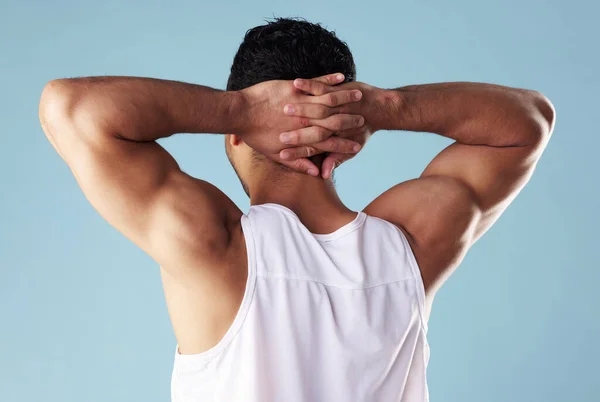 Rearview Young Mixed Race Man Wearing Vest Studio Isolated Blue — 스톡 사진