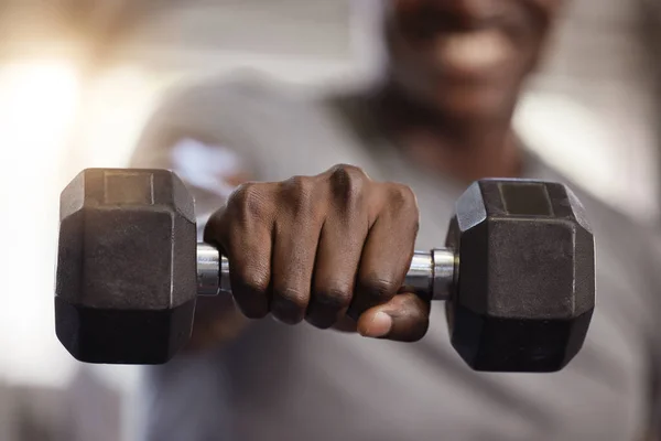 Closeup Unknown African American Athlete Lifting Dumbbell Arm Workout Gym — Foto Stock