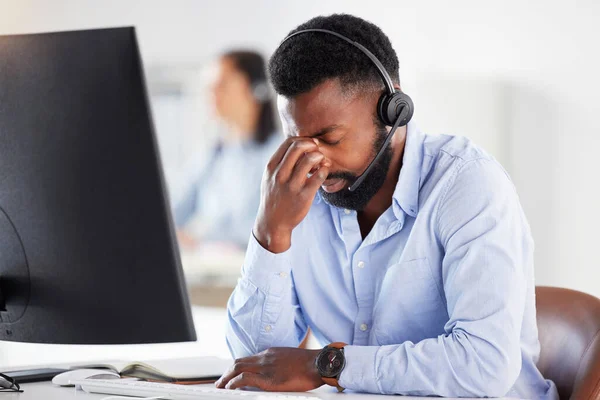 One Stressed Young African American Male Call Centre Agent Getting — Fotografia de Stock