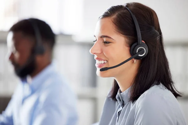 One Happy Smiling Caucasian Call Centre Telemarketing Agent Talking Headset — Fotografia de Stock