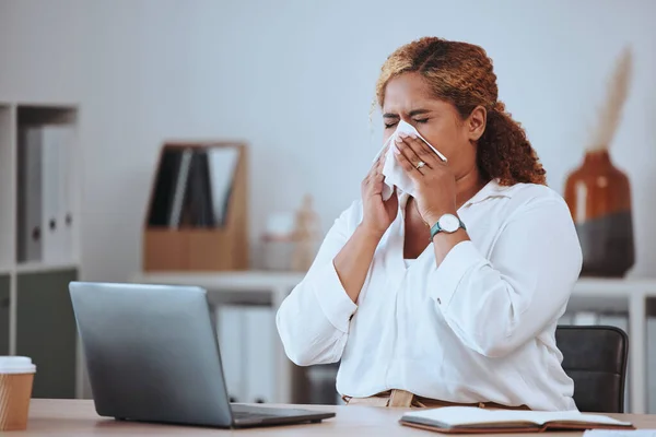 Sick Mixed Race Businesswoman Blowing Her Nose Tissue While Working — Stock Fotó