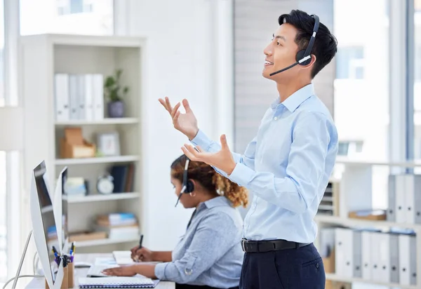Confident Asian Customer Service Rep Standing Talking Headset Office Man — 스톡 사진