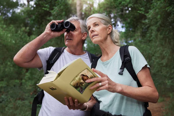 Senior Caucasian Couple Using Binoculars Book While Doing Bird Watching — Foto Stock