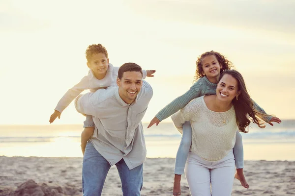 Portrait Happy Mixed Race Family Standing Having Fun Together Beach — Stock fotografie