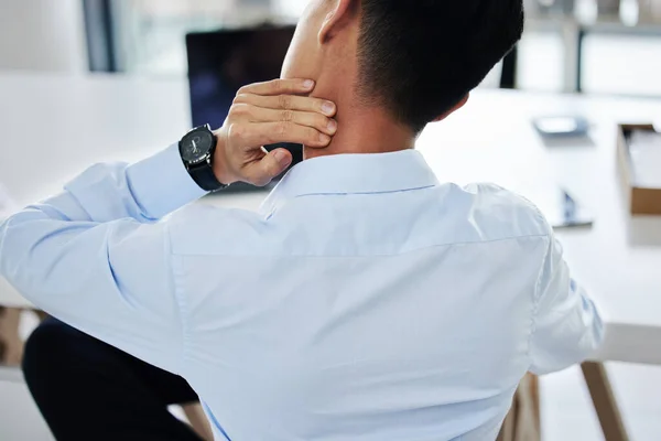 Rear View Businessman Experiencing Discomfort While Sitting His Desk Unknown — 스톡 사진