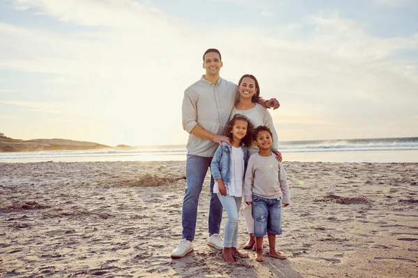 Portrait Happy Mixed Race Family Standing Together Beach Parents Spending — Fotografia de Stock