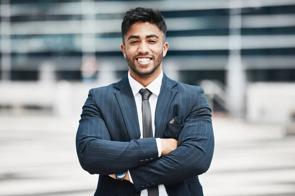 Cropped Portrait Handsome Young Businessman Standing His Arms Folded City — Photo