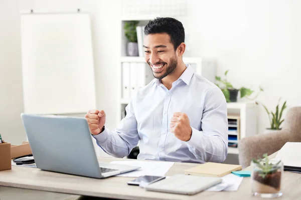 Young Happy Cheerful Mixed Race Businessman Cheering His Fists While — Foto de Stock