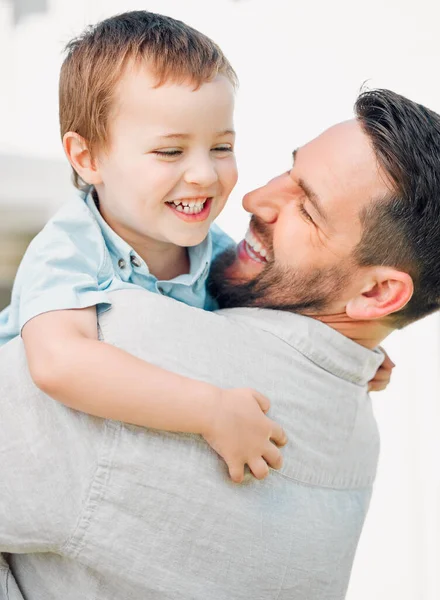 Happy Father Holding His Excited Son Caucasian Dad Bonding His — Fotografia de Stock