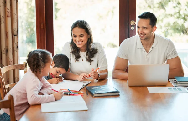 Young Happy Mixed Race Family Sitting Table Together Home Hispanic — Stok fotoğraf