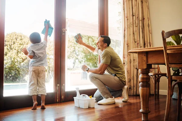 Young Happy Mixed Race Father Son Washing Windows Together Home — Fotografia de Stock