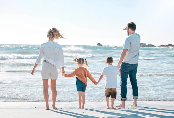 Carefree Caucasian Family Walking Holding Hands Together Beach Parents Spending — 스톡 사진