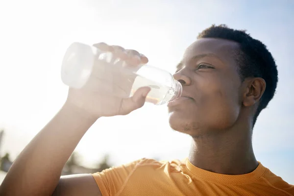 Jogger Drinking Bottle Water Sunlight Active Healthy African American Man — Stok fotoğraf