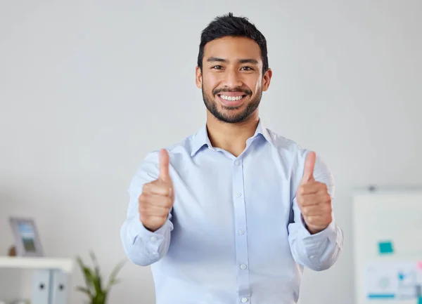 Smiling Businessman Showing Thumbs Sign Copyspace Portrait Asian Professional Standing — Foto de Stock