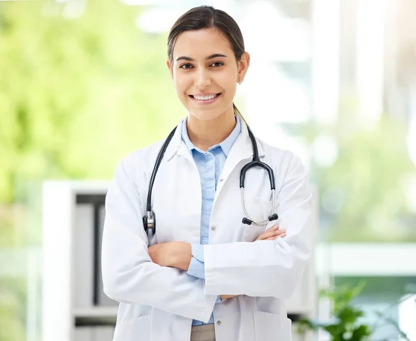 Confident Young Mixed Race Female Doctor Standing Her Arms Crossed — 스톡 사진