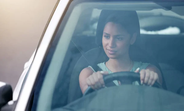 Cheerful Mixed Race Woman Driving Her New Car Hispanic Woman — Fotografia de Stock