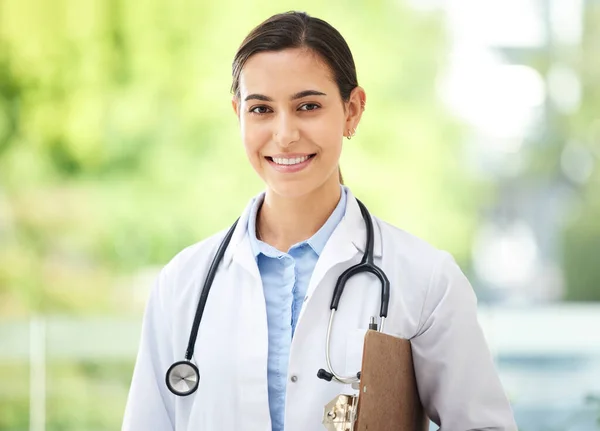 Confident Young Mixed Race Female Doctor Standing Clipboard Medical Office — 스톡 사진