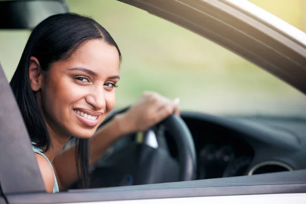 Cheerful Mixed Race Woman Driving Her New Car Smiling Young — Fotografia de Stock