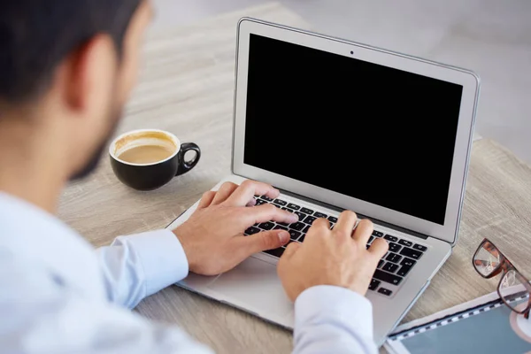 Back Businessman Typing Laptop Business Professional Working His Office Businessman — Stock fotografie