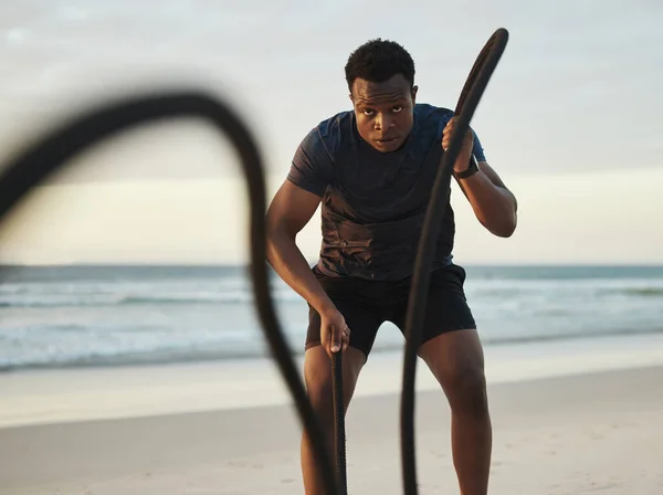 Man Doing Workout Using Two Battle Ropes Beach Fit African — Stock Fotó