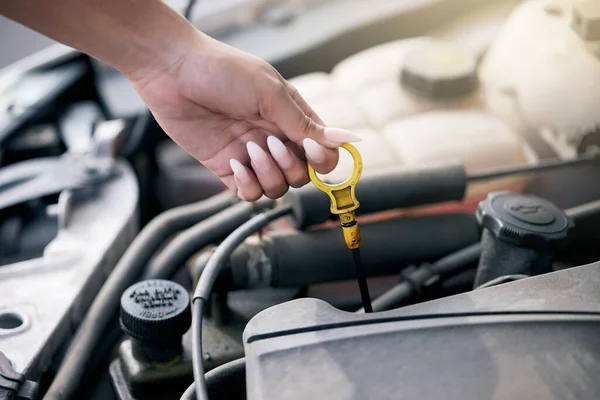 Woman Checking Her Car Oil Woman Repairing Her Car Engine — Stok fotoğraf