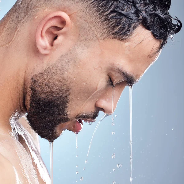 Young Mixed Race Man Standing Shower Water Running His Body — Stock Photo, Image