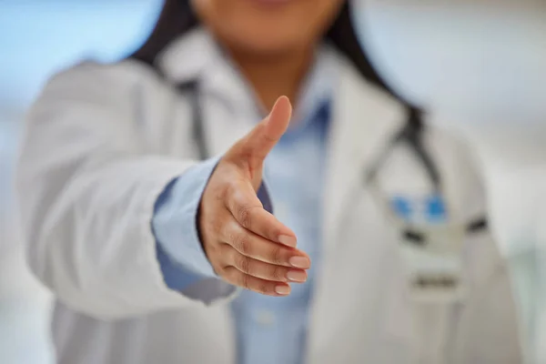 Closeup Hand Doctor Ready Handshake Female Doctor Ready Greet Patients — Foto Stock