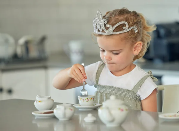 Little Girl Having Tea Party Home Cute Brunette Female Wearing — Stockfoto