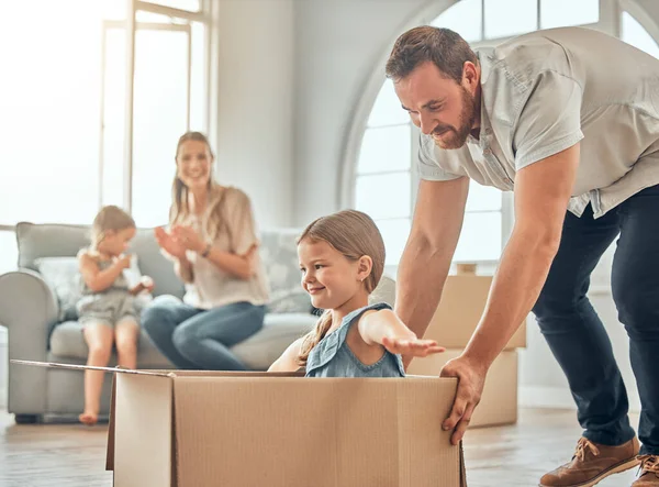 Happy Mature Caucasian Father Pushing His Daughter Box While Her — Foto Stock