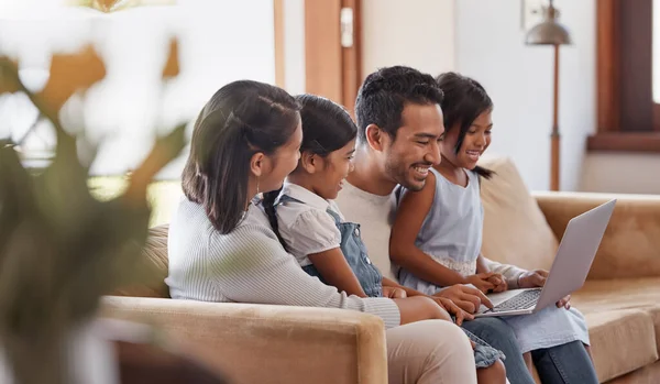 Cropped Shot Affectionate Young Family Four Using Laptop While Sitting — Stock Fotó