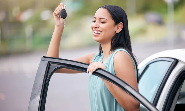 Cheerful Mixed Race Woman Holding Keys Her New Car Hispanic — Fotografia de Stock